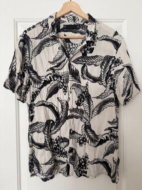 Mens Allsaints L Cream & Black Tropical Short Sleeve Button-Up Shirt